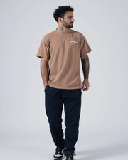 Kingz HQ V2 Tee - Full Body Front Lifestyle - Mocha Tan Garment Washed Oversized Heavyweight Tee Worn - BJJ Casual