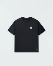 Kingz Jiu Jitsu Motion Tee - Flat Lay Front View - Peach Crown Logo Chest - Black Pigment Dye BJJ Tee
