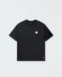 Kingz Jiu Jitsu Motion Tee - Flat Lay Front View - Peach Crown Logo Chest - Black Pigment Dye BJJ Tee