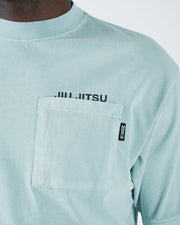 Kingz Jiu Jitsu Squad V2 Tee - Chest Pocket Close-Up - JIU JITSU Text Pocket Detail - Sea Foam BJJ Tee