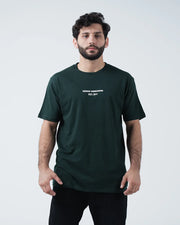 Kingz Solo Tee - Front View - Kingz Kimonos Est 2011 Minimal Chest Text - Dark Forest Green BJJ Tee
