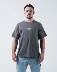 Kingz Box Tee - Front View - Minimalist KINGZ Box Label Chest Logo Pigment Dyed - Grey BJJ T-Shirt