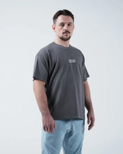 Kingz Box Tee - Front Lifestyle View - KINGZ Box Label Pigment Dyed Heavyweight Worn With Jeans - Grey BJJ