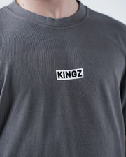 Kingz Box Tee - KINGZ Box Label Macro Closeup - White on Black Minimal Wordmark Chest Detail - Grey BJJ Tee