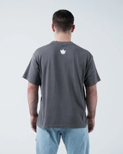 Kingz Box Tee - Back Three Quarter Angle - Kingz Crown Chevron Logo Clean Back Boxy Fit - Grey BJJ Tee