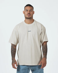 Kingz Box Tee - Front View - Minimalist KINGZ Box Label Chest Pigment Dyed Heavyweight - Natural Tan BJJ Tee