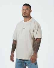 Kingz Box Tee - Front Angle Three Quarter View - KINGZ Box Label Boxy Oversized Fit - Natural Tan BJJ Tee