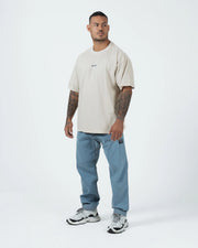 Kingz Box Tee - Full Body Front Lifestyle Shot - Natural Tan Oversized Boxy Tee Worn With Jeans - BJJ