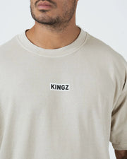 Kingz Box Tee - KINGZ Box Label Macro Closeup - Black on White Minimal Wordmark Chest - Natural Tan BJJ Tee