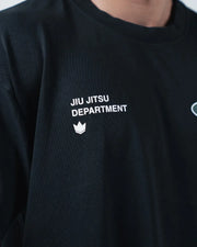 Kingz JJ Dept Tee - Chest Graphic Closeup - JIU JITSU DEPARTMENT Crown Emblem Detail Left Chest - Black BJJ