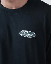 Kingz JJ Dept Tee - Kingz Oval Badge Macro Closeup - Vintage Garage Style Right Chest Graphic - Black BJJ Tee