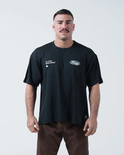 Kingz JJ Dept Tee - Front View - Jiu Jitsu Department Oval Badge Dual Chest Graphics - Black BJJ Tee
