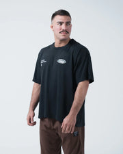 Kingz JJ Dept Tee - Front Angle View - JJ Department Text Kingz Oval Badge Chest Graphics - Black BJJ