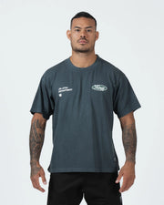 Kingz JJ Dept Tee - Front View - Jiu Jitsu Department Dual Chest Vintage Print - Charcoal Blue BJJ Tee