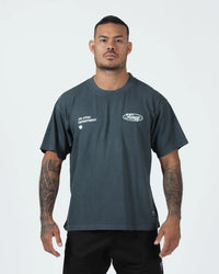 Kingz JJ Dept Tee - Front View - Jiu Jitsu Department Dual Chest Vintage Print - Charcoal Blue BJJ Tee