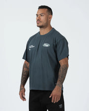 Kingz JJ Dept Tee - Front Angle View - JJ Department Kingz Oval Badge Dual Chest Charcoal Blue BJJ Tee
