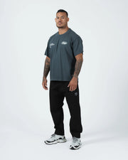 Kingz JJ Dept Tee - Full Body Lifestyle Front View - Charcoal Blue Heavyweight Oversized BJJ Tee Worn