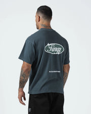 Kingz JJ Dept Tee - Back View - Kingz Oval Badge JIU JITSU DEPARTMENT Back Graphic - Charcoal Blue BJJ Tee