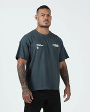 Kingz JJ Dept Tee - Upper Body Front Cropped - JJ Dept Kingz Oval Dual Chest Graphics - Charcoal Blue BJJ