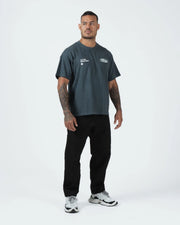 Kingz JJ Dept Tee - Full Body Front Lifestyle - Charcoal Blue JJ Dept Vintage Print BJJ Casual Tee Worn