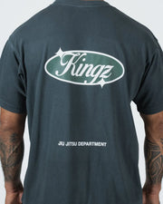 Kingz JJ Dept Tee - Back Graphic Macro Closeup - Kingz Oval Badge JIU JITSU DEPARTMENT - Charcoal Blue BJJ Tee