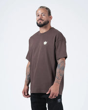 Kingz No Days Off Tee - Front Three Quarter Angle - Crown Emblem Chest Mocha Brown Heavyweight BJJ Tee
