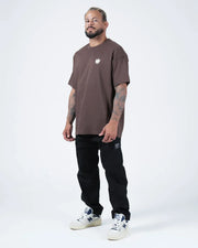 Kingz No Days Off Tee - Full Body Lifestyle Front - Mocha Brown Oversized Fit Worn With Sneakers BJJ Tee