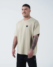 Kingz No Days Off Tee - Front Angle View - Crown Logo Chest Worn Side Angle - Latte BJJ Cotton Tee