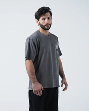 Kingz Gentle Art Tee - Front Angle View - Chest Rose Graphic Detail - Grey Pigment Dye BJJ Tee