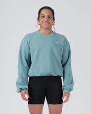 Kingz Script Women's Crewneck - Front Worn View - Balloon Sleeve Cropped Fit - Dusty Teal - Women's BJJ Crewneck