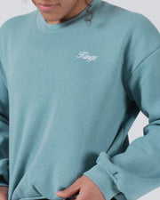 Kingz Script Women's Crewneck - Chest Logo Close Up - Kingz Script Embroidery - Dusty Teal - Women's BJJ Crewneck