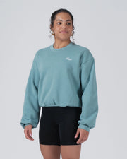 Kingz Script Women's Crewneck - Front Angle View - Balloon Sleeve and Cropped Body - Dusty Teal - Women's BJJ Crewneck