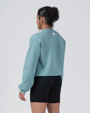 Kingz Script Women's Crewneck - Rear Angle View - Relaxed Shoulder Drape - Dusty Teal - Women's BJJ Crewneck