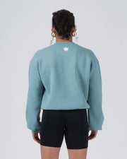 Kingz Script Women's Crewneck - Back View - White Crown Back Logo and Cropped Hem - Dusty Teal - Women's BJJ Crewneck