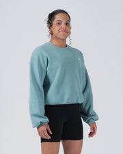 Kingz Script Women's Crewneck - Front Lifestyle View - Balloon Sleeve and Chest Script - Dusty Teal - Women's BJJ Crewneck