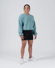 Kingz Script Women's Crewneck - Front Three Quarter View - Balloon Sleeve Drape - Dusty Teal - Women's BJJ Crewneck