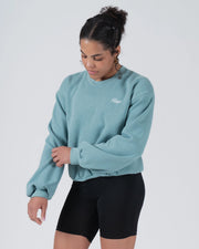 Kingz Script Women's Crewneck - Worn Pose View - Chest Script and Balloon Sleeve - Dusty Teal - Women's BJJ Crewneck