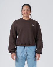 Kingz Script Women's Crewneck - Front Worn View - White Chest Script and Cropped Fit - Earthy Brown - Women's BJJ Crewneck