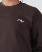 Kingz Script Women's Crewneck - Chest Logo Close Up - Embroidered Kingz Script Detail - Earthy Brown - Women's BJJ Crewneck
