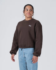 Kingz Script Women's Crewneck - Side Worn View - Balloon Sleeve and Ribbed Hem - Earthy Brown - Women's BJJ Crewneck