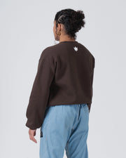Kingz Script Women's Crewneck - Back Worn View - White Crown Upper Back Accent - Earthy Brown - Women's BJJ Crewneck