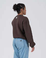 Kingz Script Women's Crewneck - Rear Three Quarter View - Shoulder Crown and Drape - Earthy Brown - Women's BJJ Crewneck