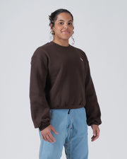 Kingz Script Women's Crewneck - Front Standing View - Chest Script and Relaxed Fleece - Earthy Brown - Women's BJJ Crewneck