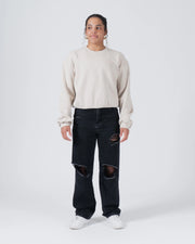 Kingz Script Women's Crewneck - Full Body Front Standing - Complete Cropped Outfit View - French Oak - Women's BJJ Crewneck