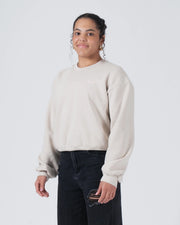 Kingz Script Women's Crewneck - Side Worn View - Draped Balloon Sleeve Silhouette - French Oak - Women's BJJ Crewneck