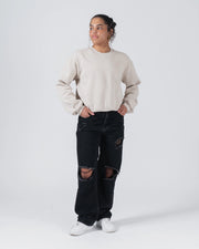 Kingz Script Women's Crewneck - Full Body Lifestyle Shot - Cropped Fit with Denim - French Oak - Women's BJJ Crewneck