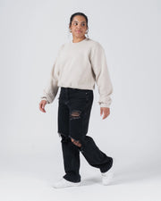 Kingz Script Women's Crewneck - Walking Lifestyle Pose - Casual Cropped Streetwear Look - French Oak - Women's BJJ Crewneck