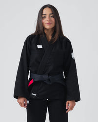 Kingz Kore V2 Women's BJJ Gi Black - Upper Body Front View Female Athlete Black Belt Red Bar Crown Logo KINGZ Patch 380gsm