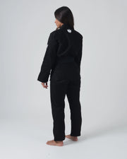 Kingz Kore V2 Women's BJJ Gi Black - Full Body 3/4 Back View Female Athlete Crown Logo Collar Back Women's Slim Cut
