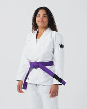 Kingz Kore V2 Women's BJJ Gi White - Full Body 3/4 Front View Female Athlete Purple Belt Crown Logo Women's Cut